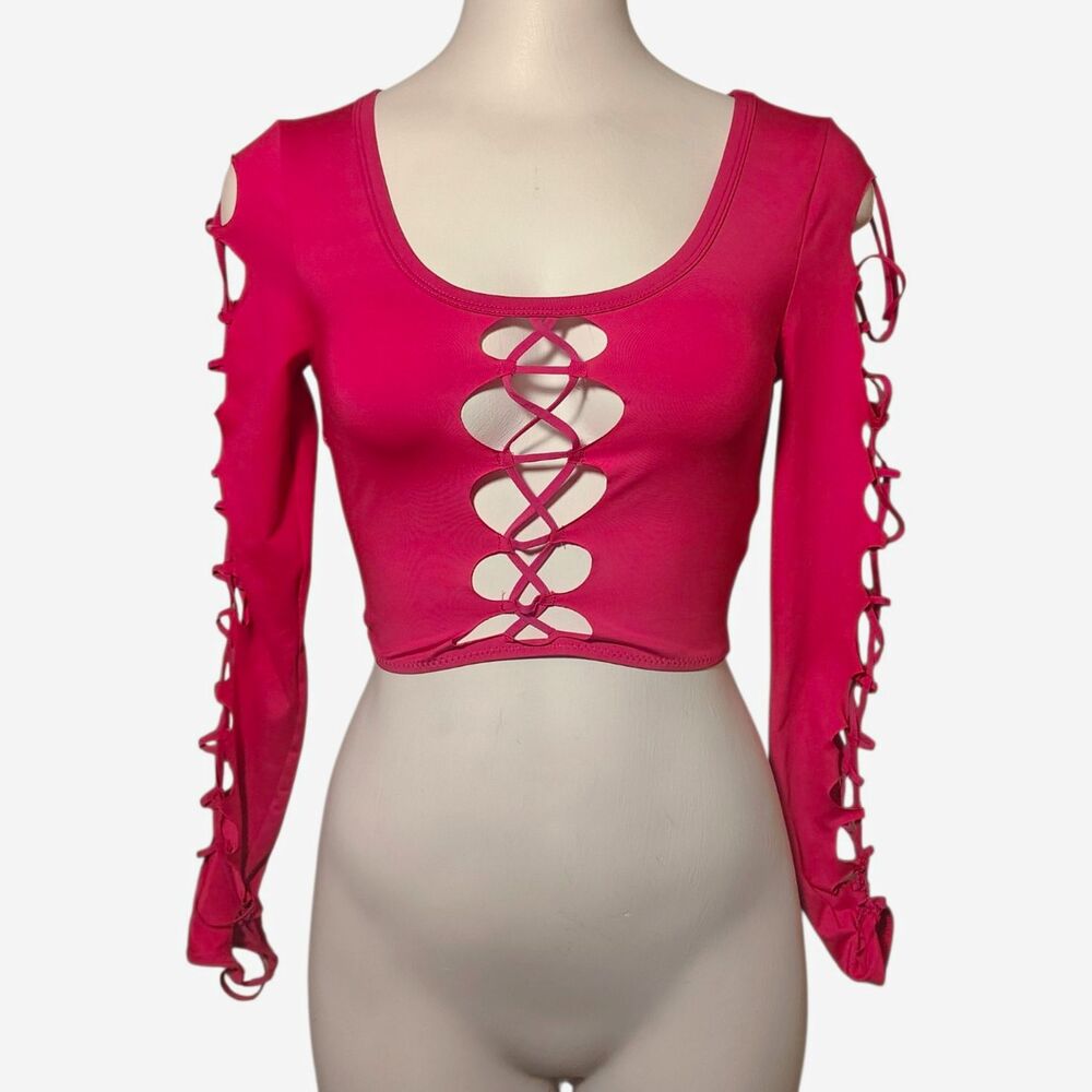Generation Kiss Lace-Up Cropped Stretch Top Long Sleeve Women's S 00096